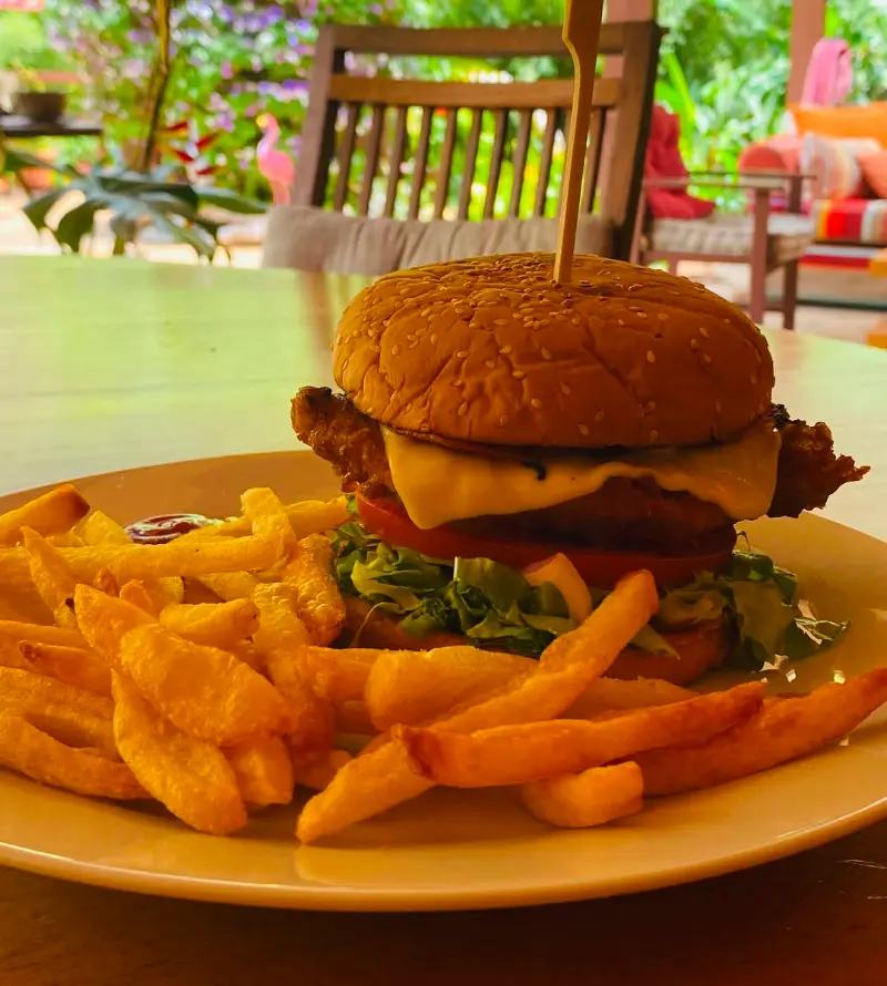 Hamburger maison et frites servis le midi aux Mimosas, chambre d'hôtes à Grand-Bassin, La Réunion